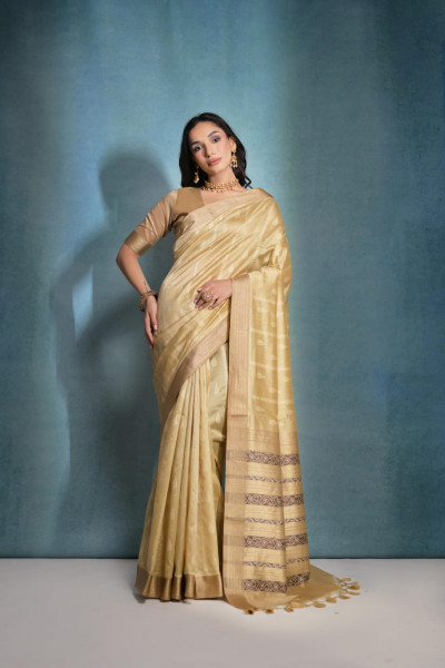 Image of Cream Banarasi Silk All Over Weaved With Zari Stripes Pallu Saree