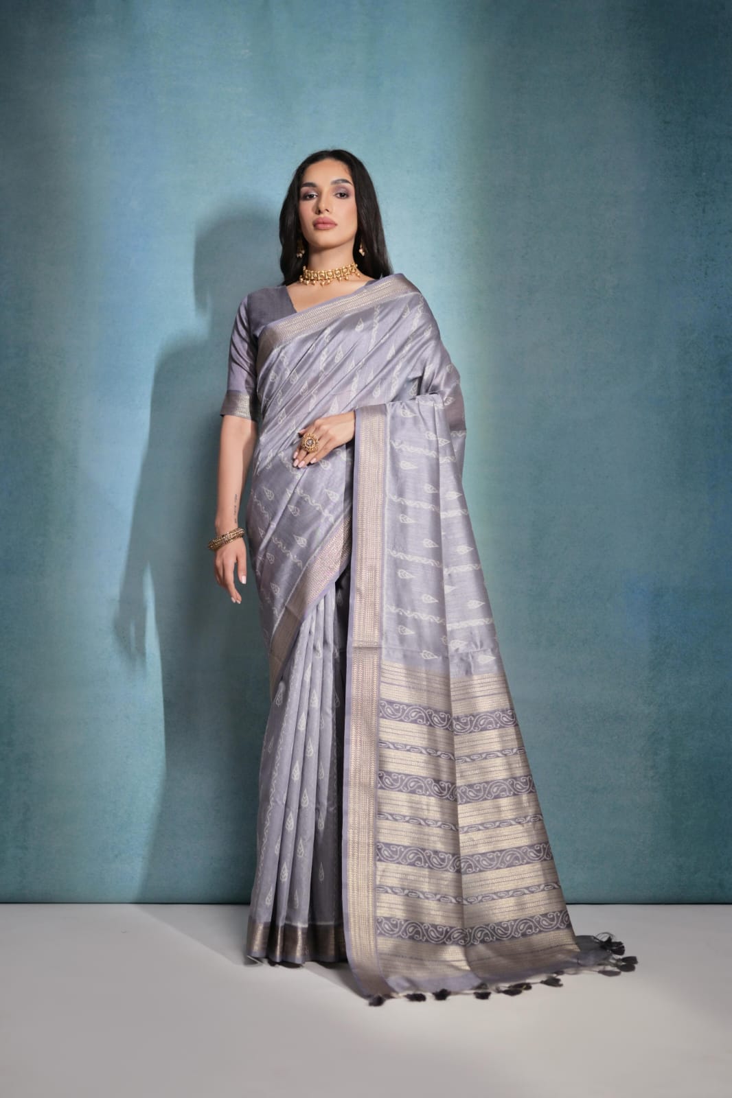 Gray Banarasi Silk All Over Weaved With Zari Stripes Pallu Saree
