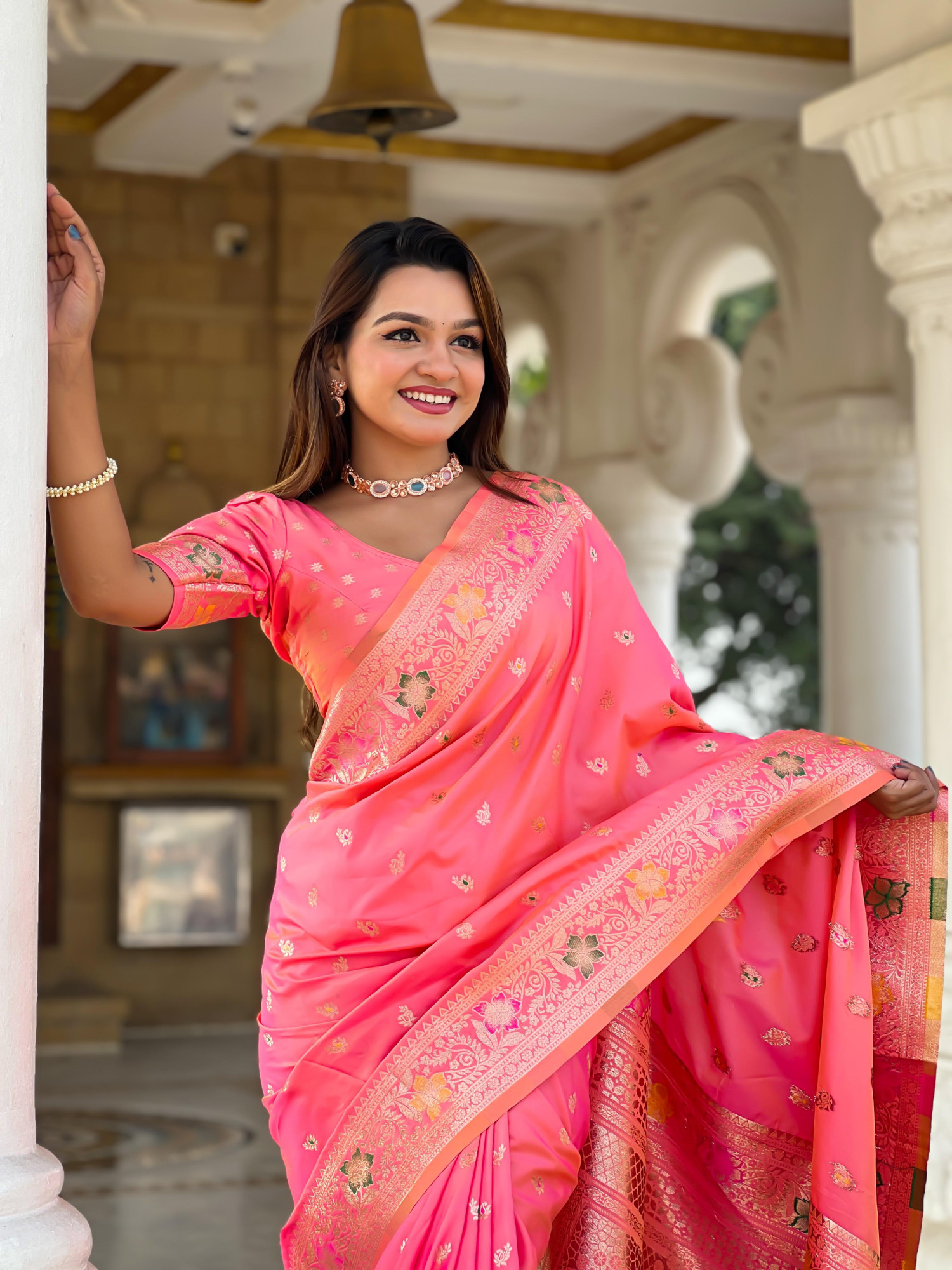 Pink Banarasi Satin Silk Rich All Over Zari Weaved Saree