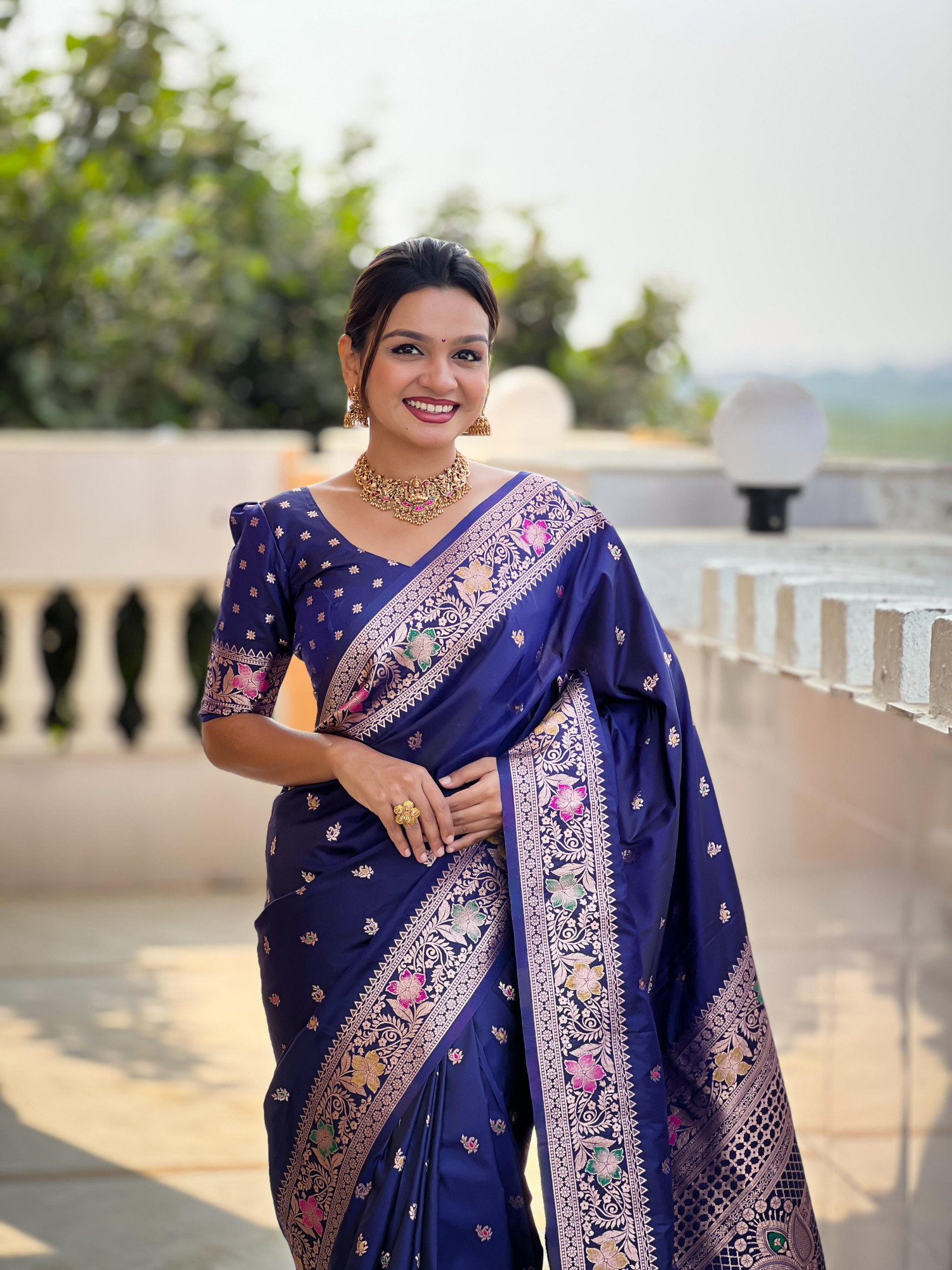 Indigo Banarasi Satin Silk Rich All Over Zari Weaved Saree