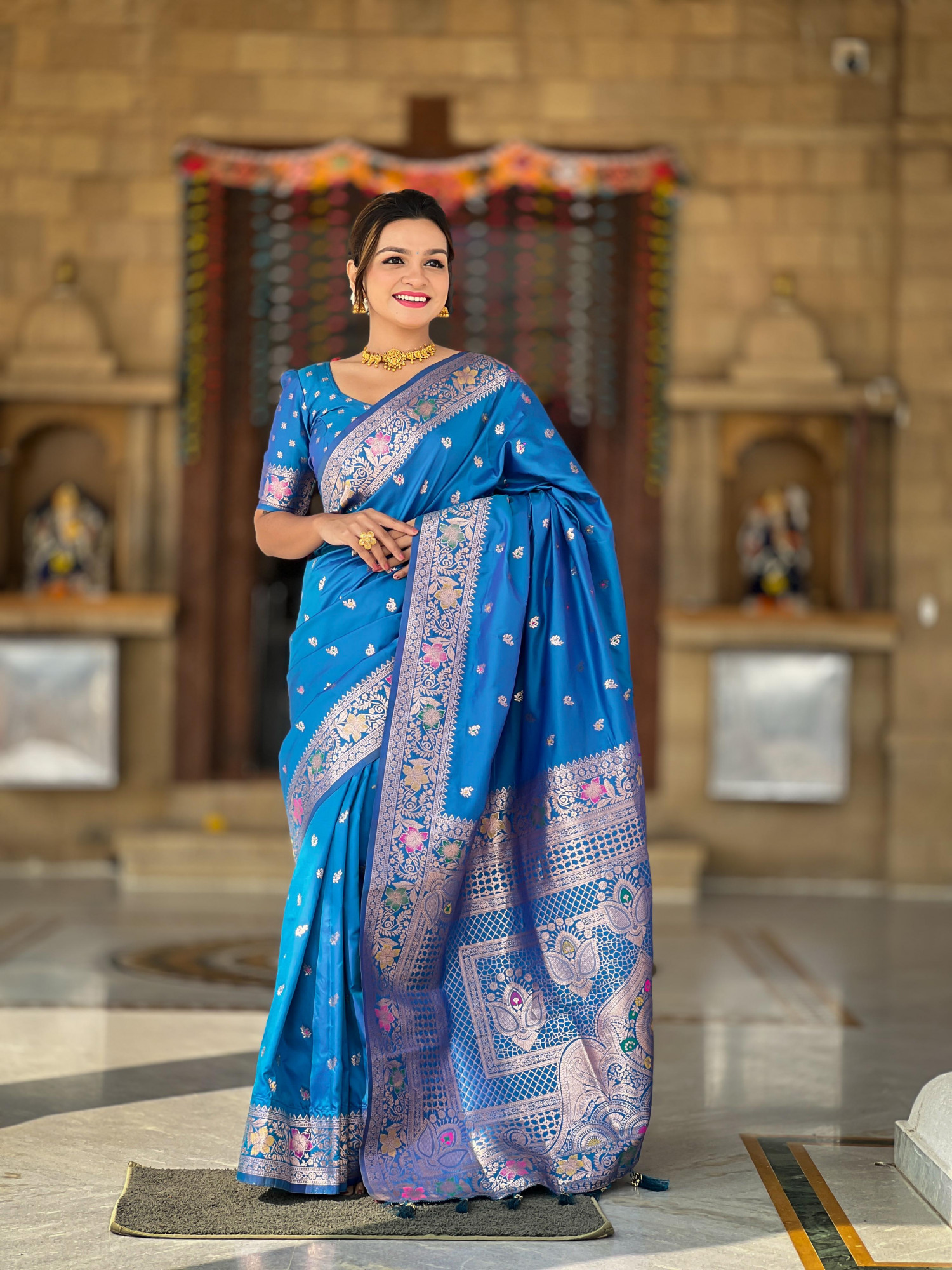 Blue Banarasi Satin Silk Rich All Over Zari Weaved Saree