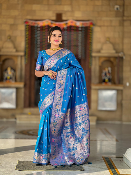Image of Blue Banarasi Satin Silk Rich All Over Zari Weaved Saree
