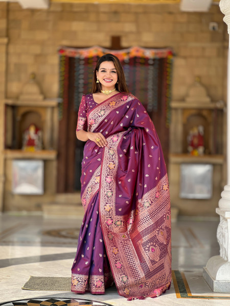 Image of Wine Banarasi Satin Silk Rich All Over Zari Weaved Saree
