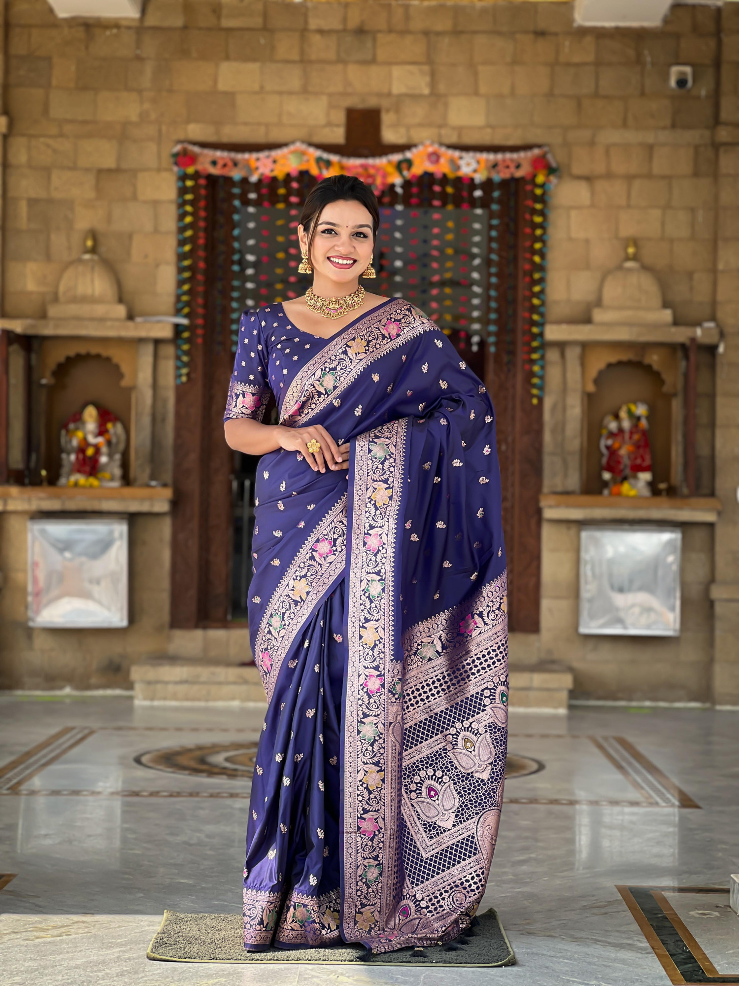 Indigo Banarasi Satin Silk Rich All Over Zari Weaved Saree