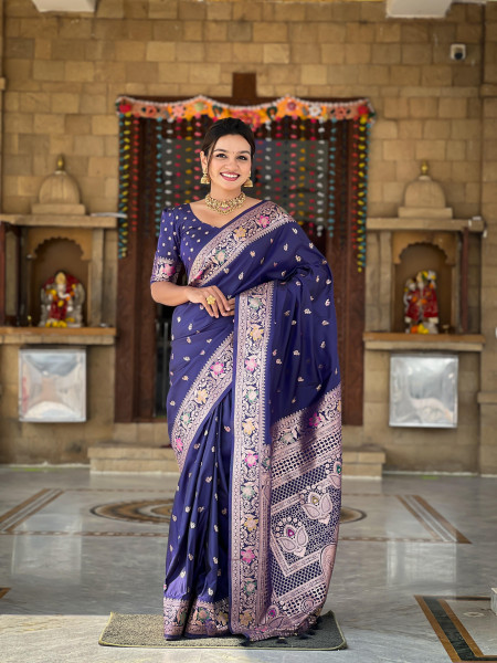 Image of Indigo Banarasi Satin Silk Rich All Over Zari Weaved Saree