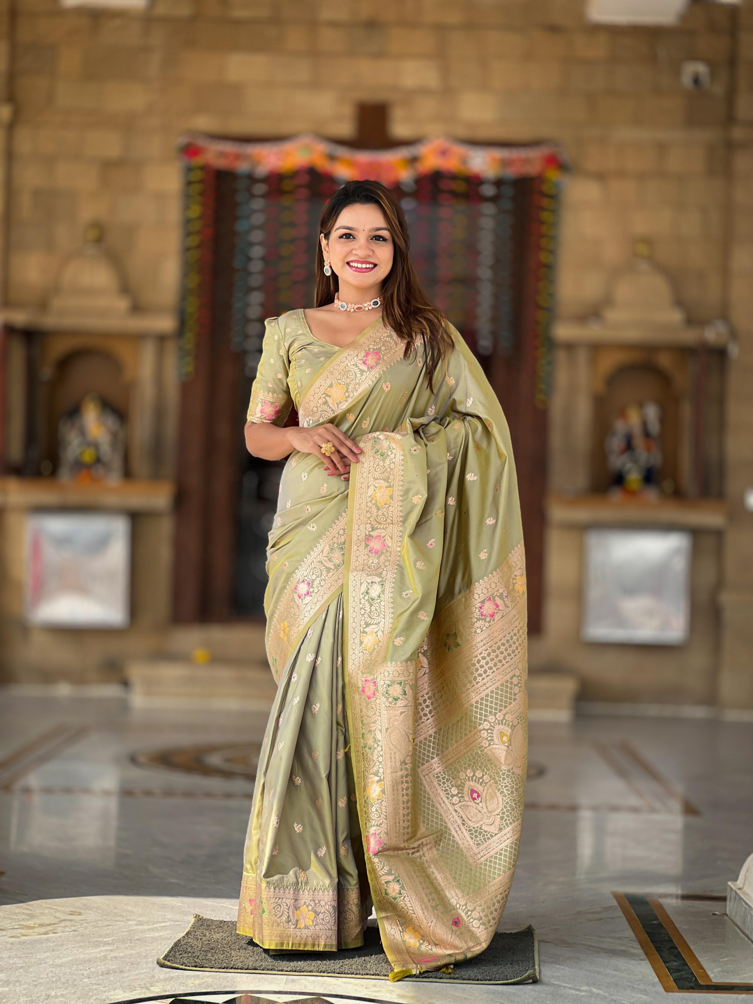 Olive Green Banarasi Satin Silk Rich All Over Zari Weaved Saree