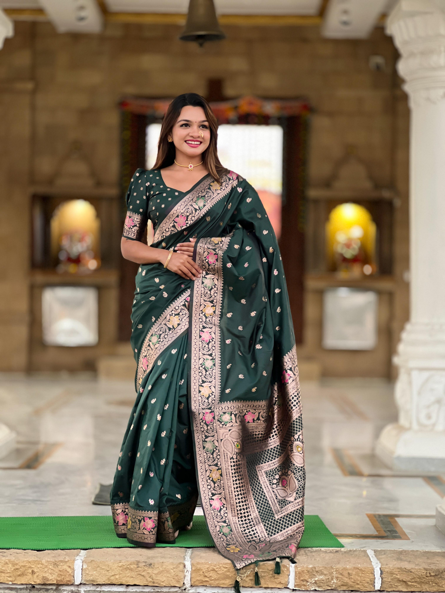 Bottle Green Banarasi Satin Silk Rich All Over Zari Weaved Saree