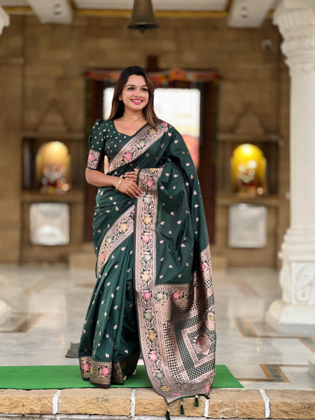 Image of Bottle Green Banarasi Satin Silk Rich All Over Zari Weaved Saree
