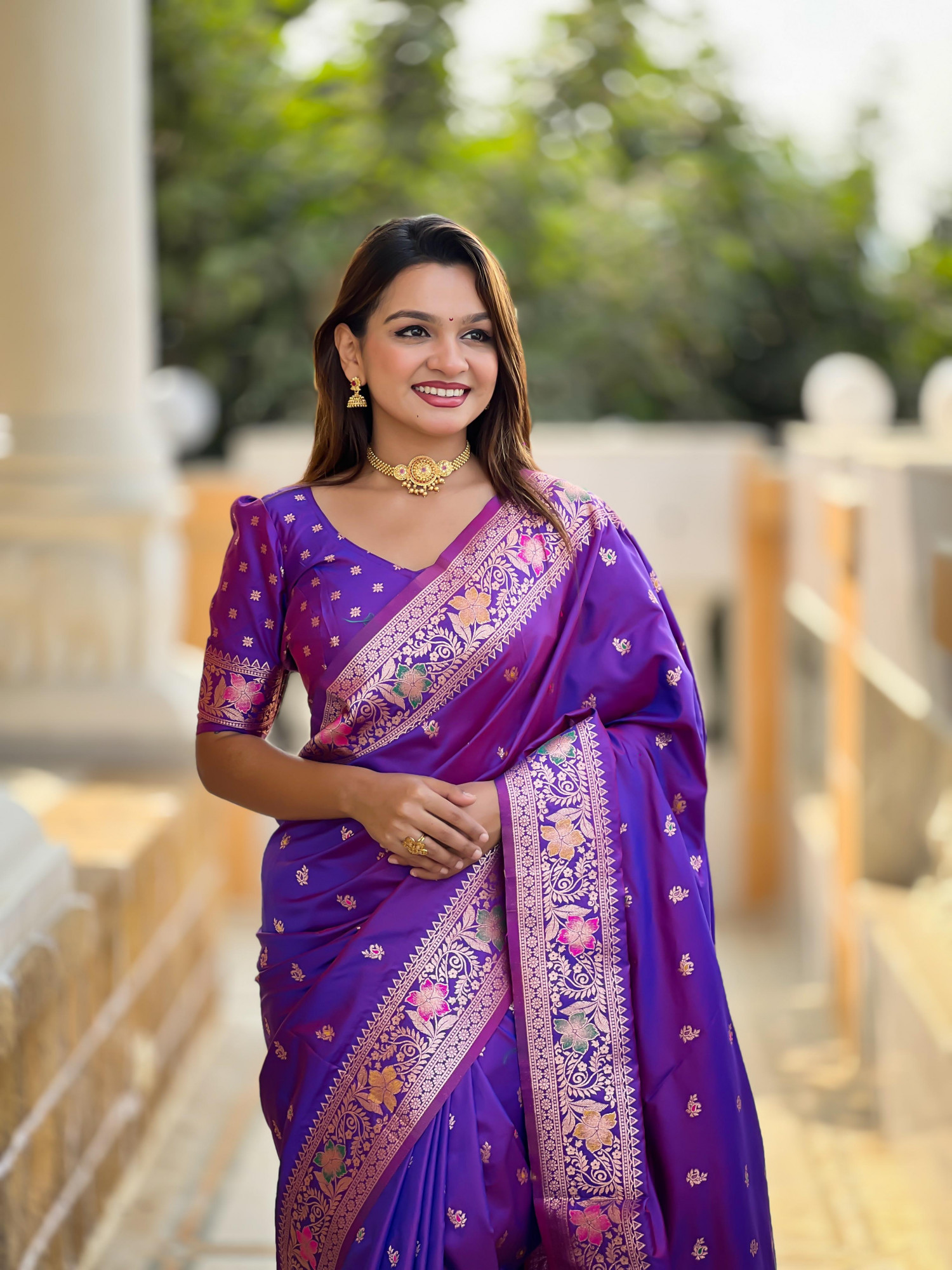 Purple Banarasi Satin Silk Rich All Over Zari Weaved Saree