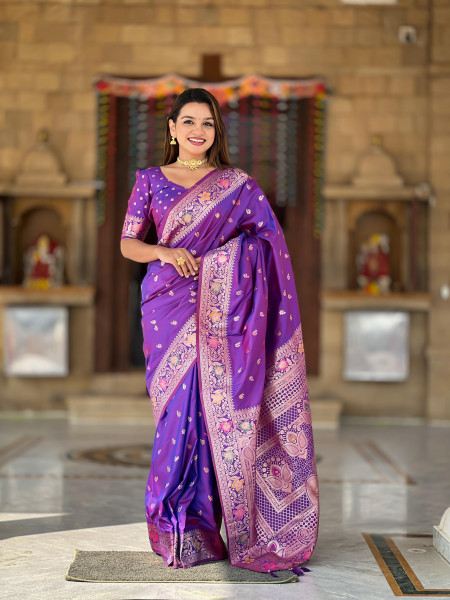 Image of Purple Banarasi Satin Silk Rich All Over Zari Weaved Saree