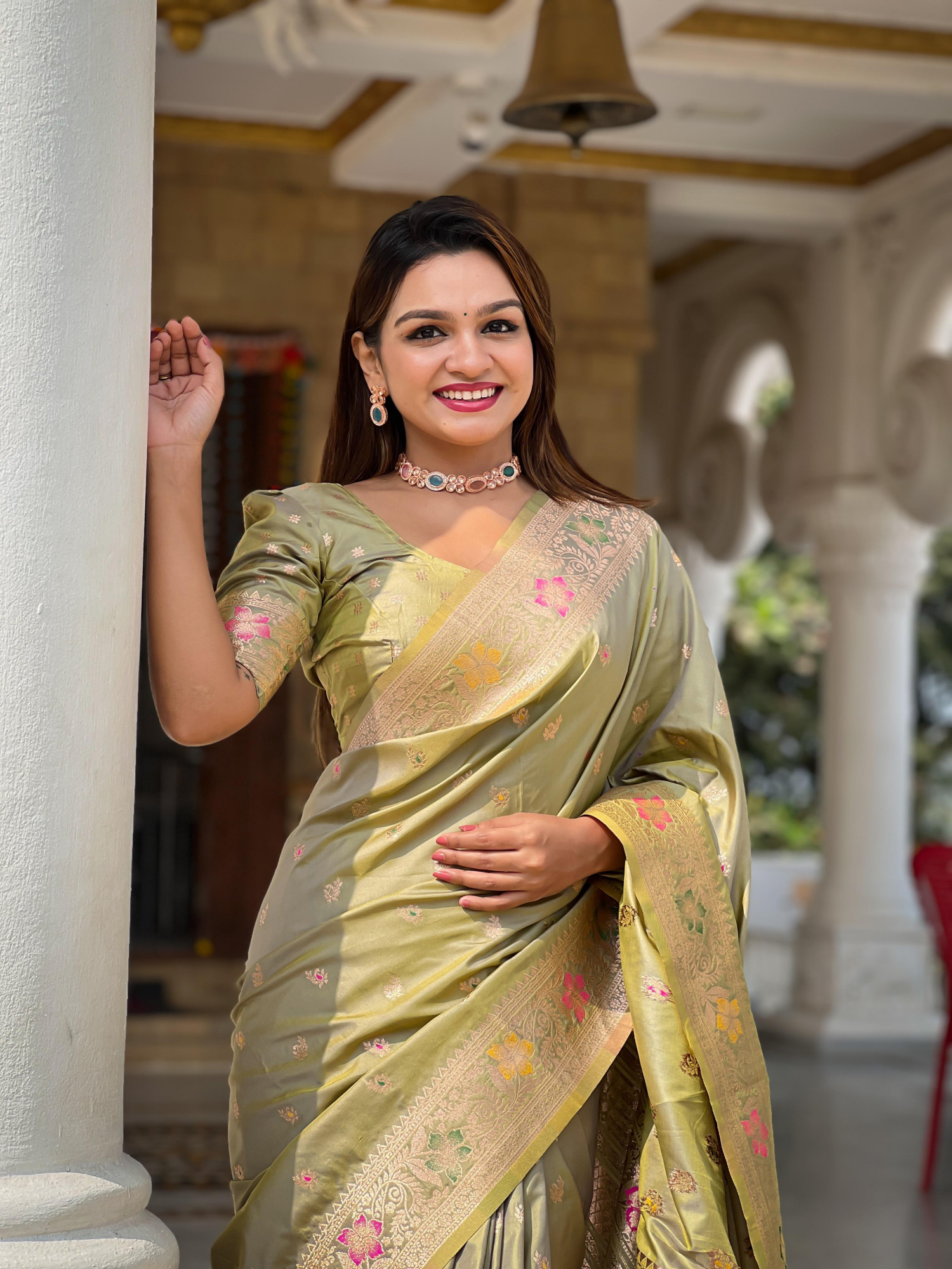 Olive Green Banarasi Satin Silk Rich All Over Zari Weaved Saree