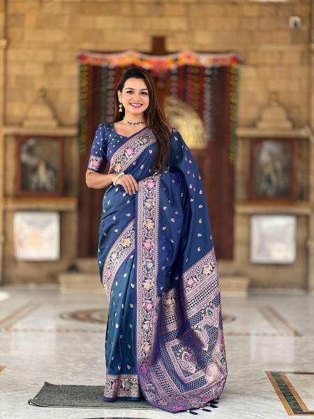 Image of Violet Banarasi Satin Silk Rich All Over Zari Weaved Saree