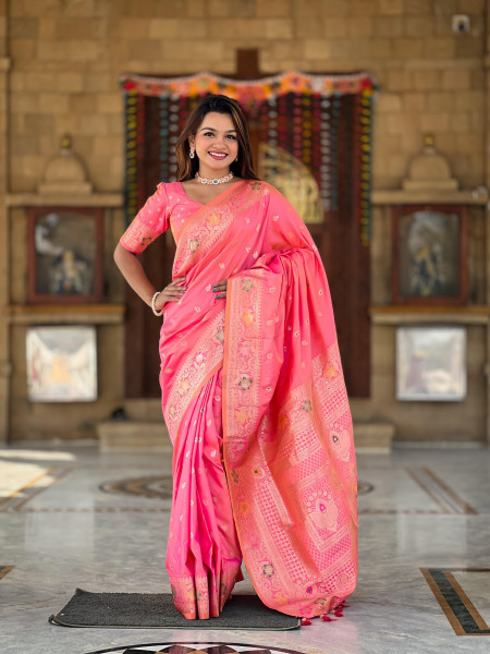 Image of Pink Banarasi Satin Silk Rich All Over Zari Weaved Saree