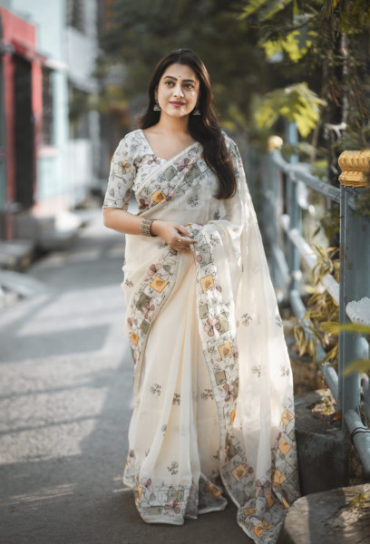 Image of Off-White Soft Linen Pencil Handwork Embroidery All Over Saree