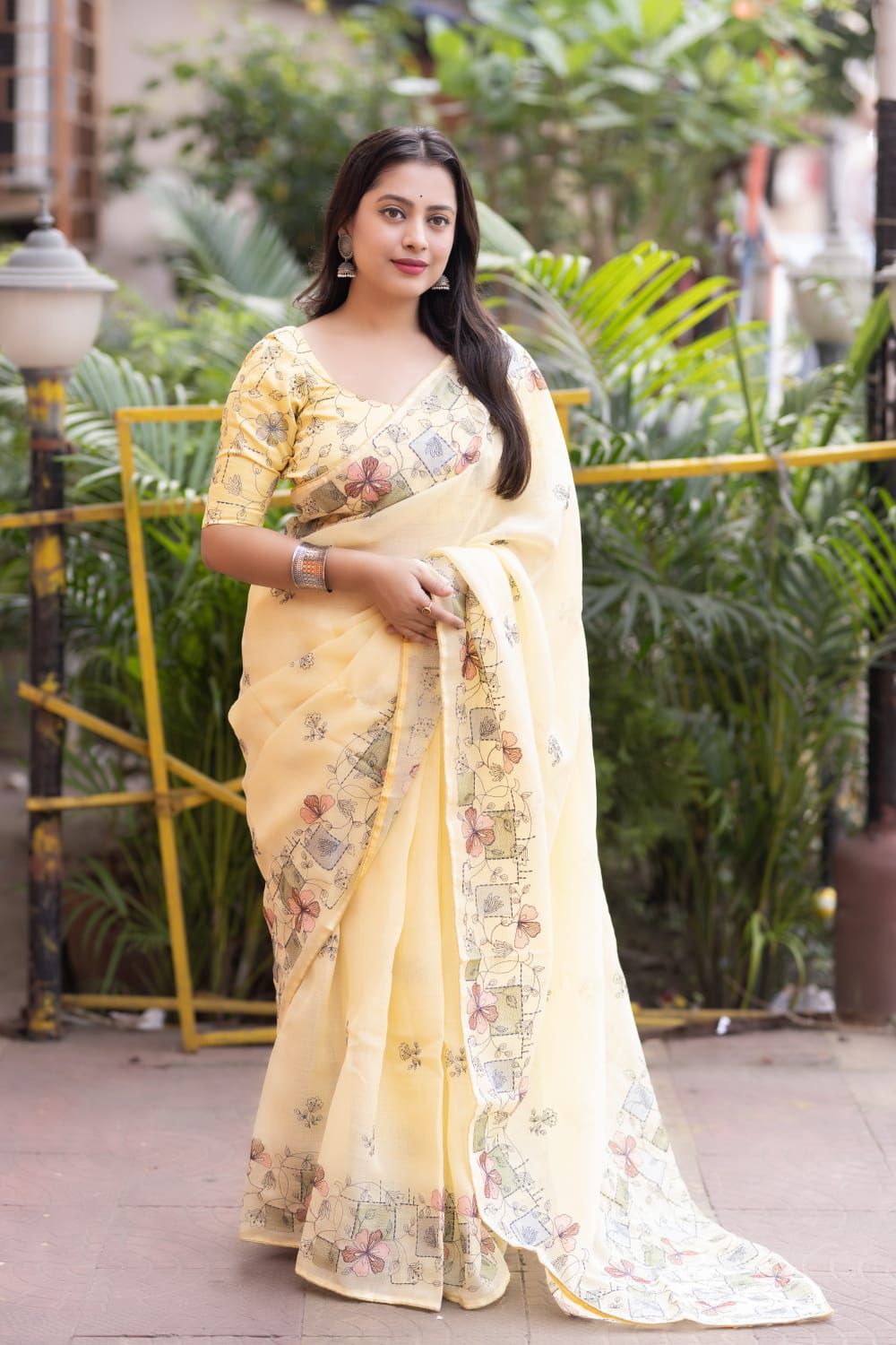 Lemon Soft Linen Pencil Handwork Embroidery All Over Saree
