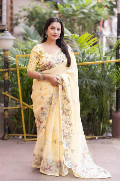 Image of Lemon Soft Linen Pencil Handwork Embroidery All Over Saree