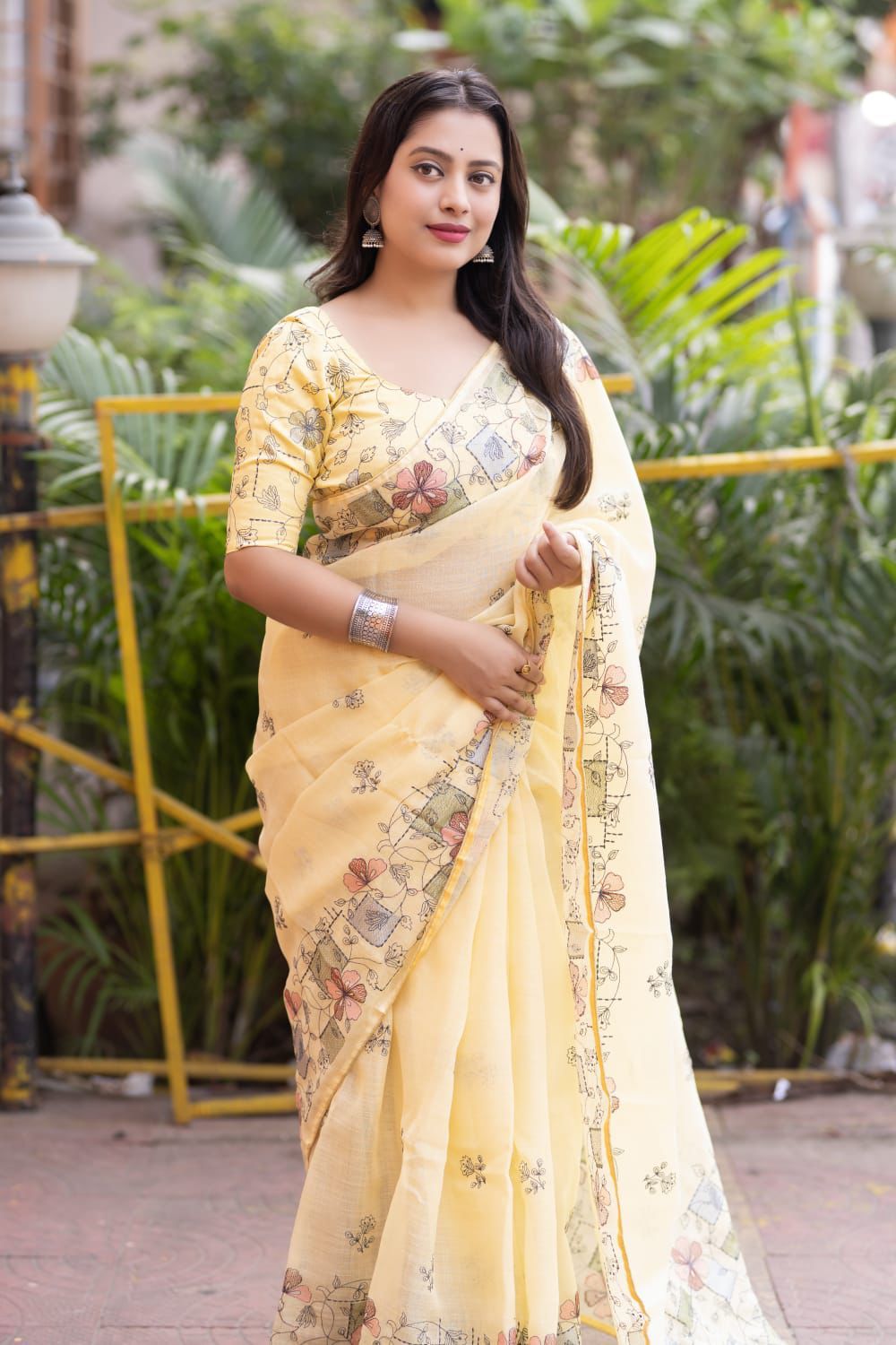 Lemon Soft Linen Pencil Handwork Embroidery All Over Saree