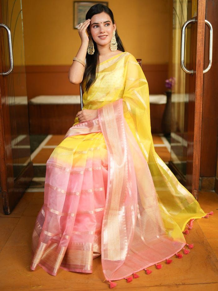 Yellow Pink Dual Shade Banarasi Organza Silk Zari Weaved Saree