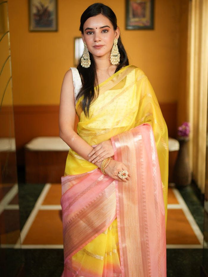 Yellow Pink Dual Shade Banarasi Organza Silk Zari Weaved Saree