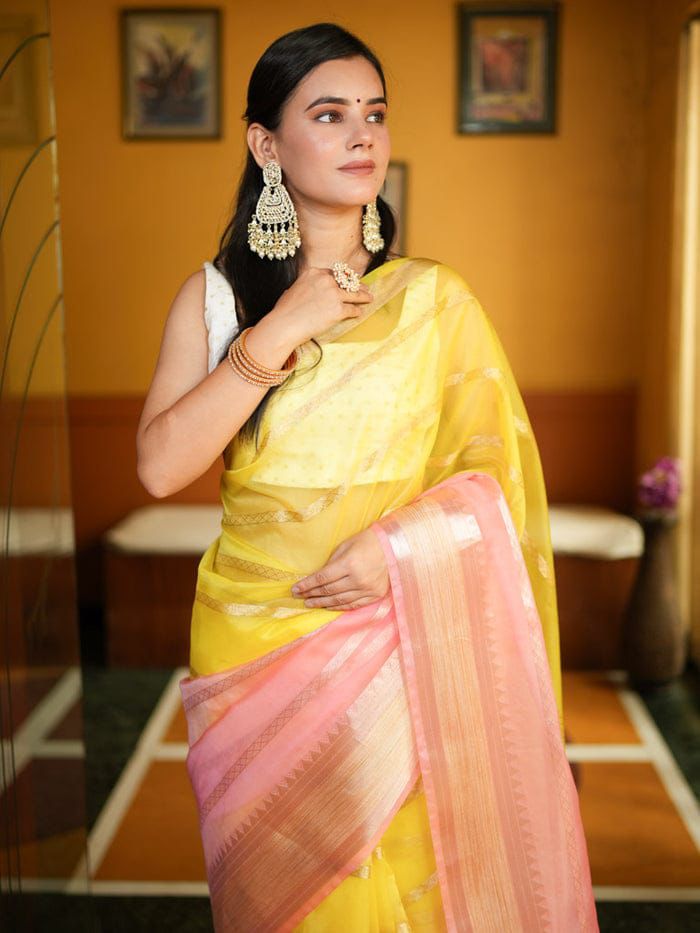 Yellow Pink Dual Shade Banarasi Organza Silk Zari Weaved Saree