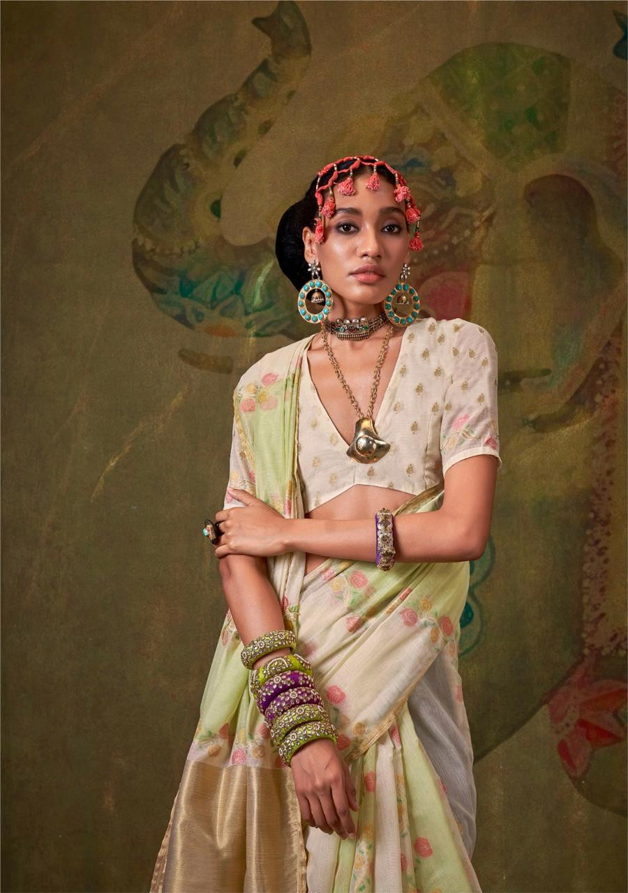 Cream Multi Pure Spun Rangkaat Weaving Rich Pallu Floral Body Saree