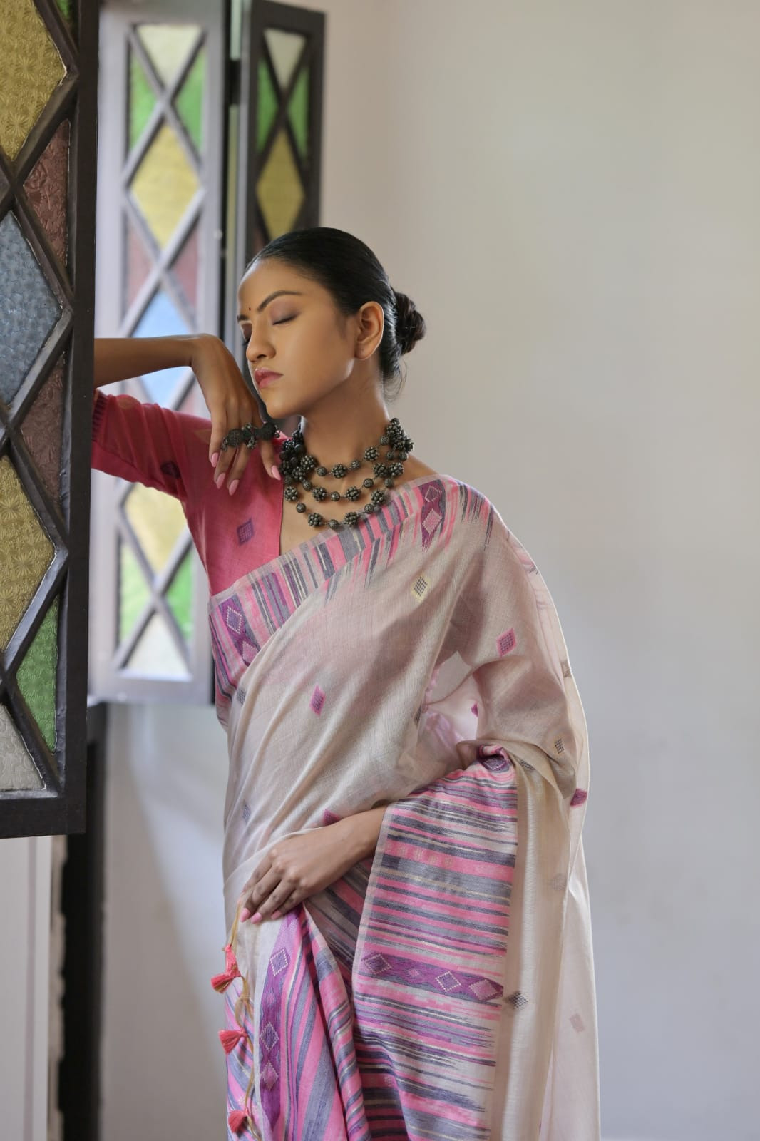 Purple Based Soft Muga Cotton Colorful Weaving Booti And Ikkat Border Saree