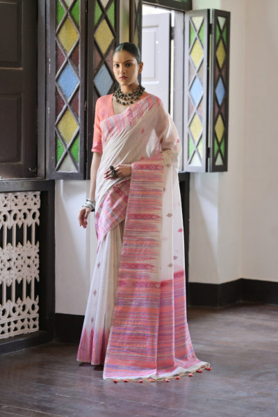Image of Peach Based Soft Muga Cotton Colorful Weaving Booti And Ikkat Border Saree