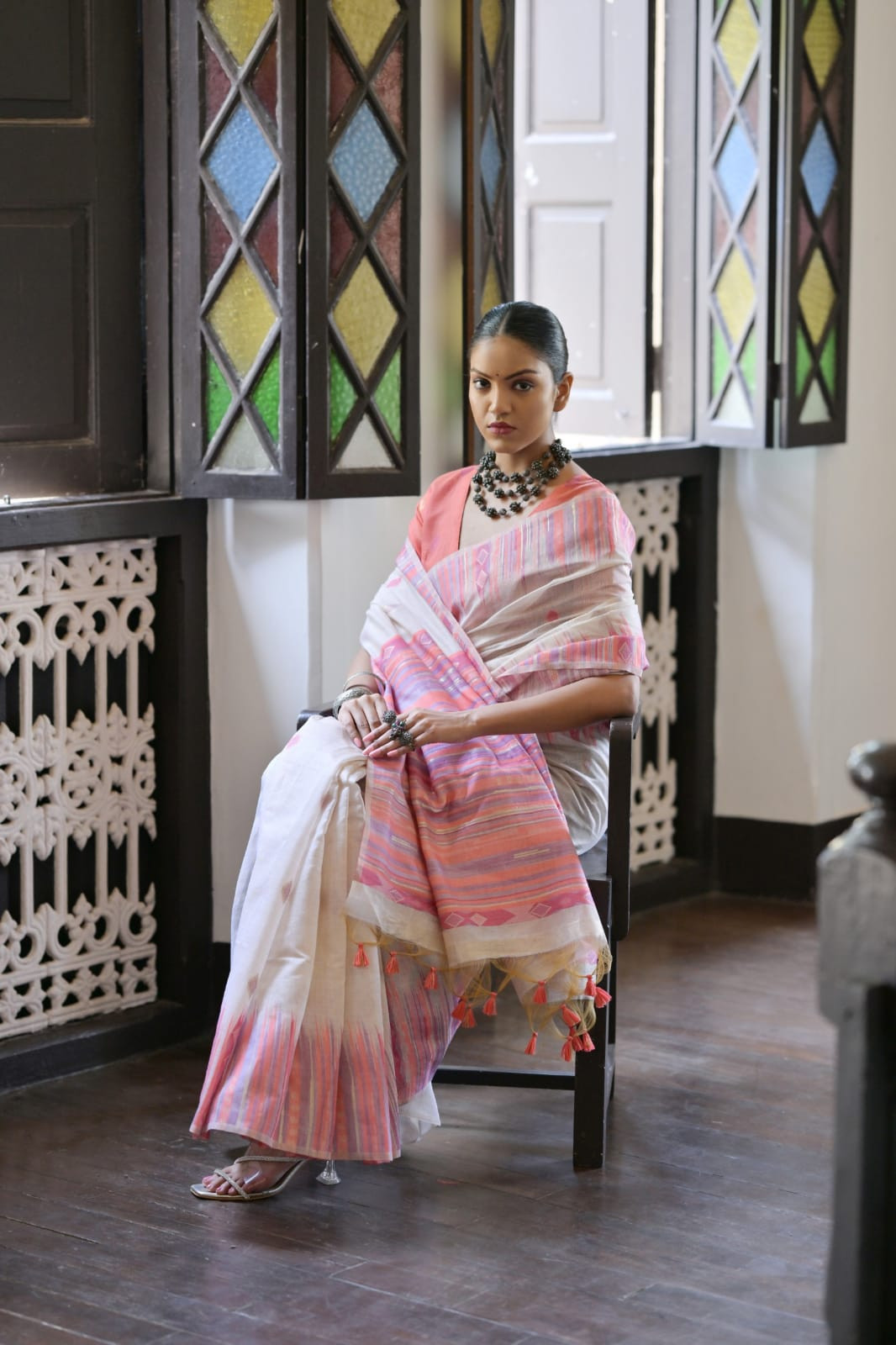 Peach Based Soft Muga Cotton Colorful Weaving Booti And Ikkat Border Saree