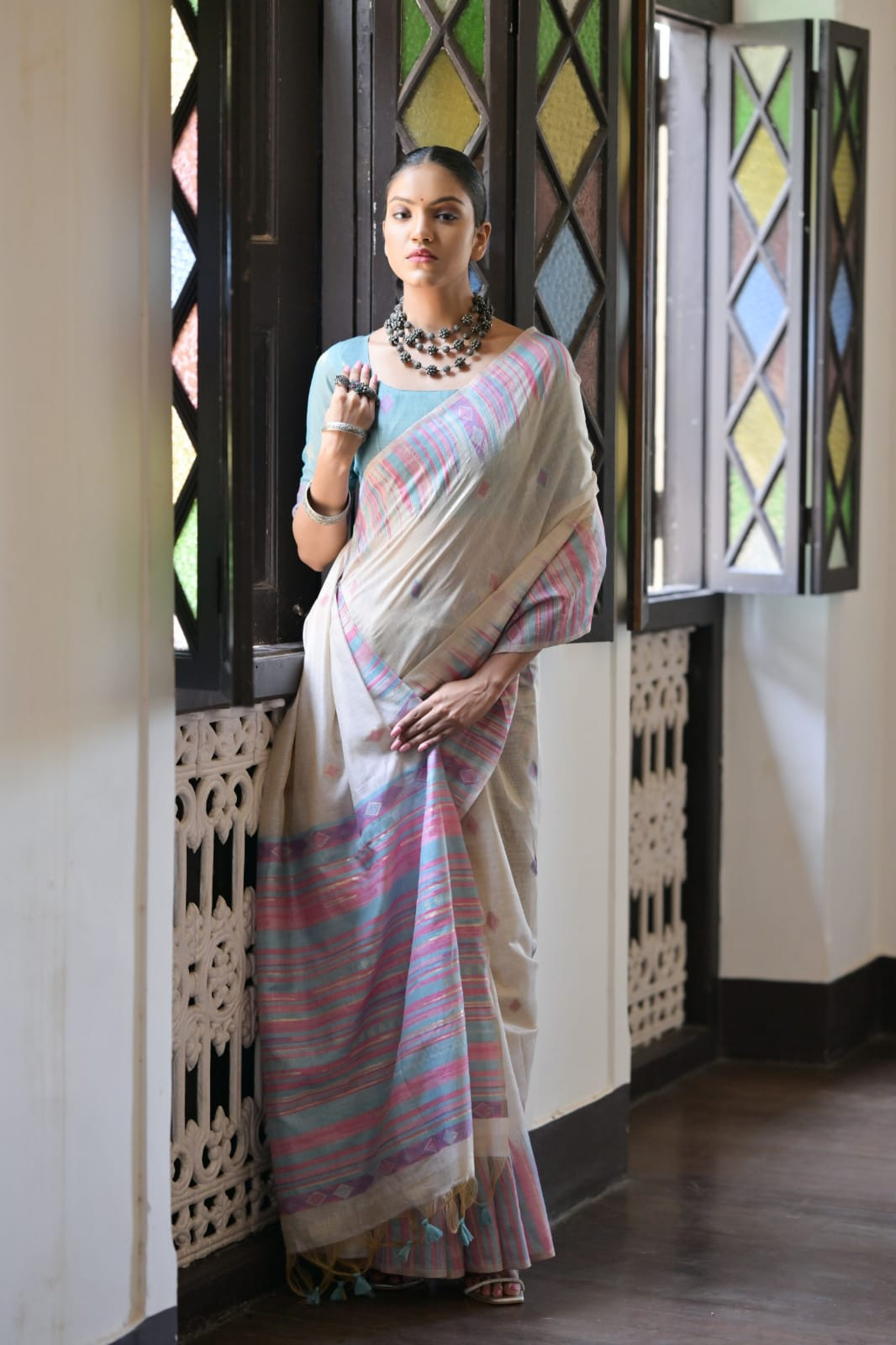 C-Green Based Soft Muga Cotton Colorful Weaving Booti And Ikkat Border Saree