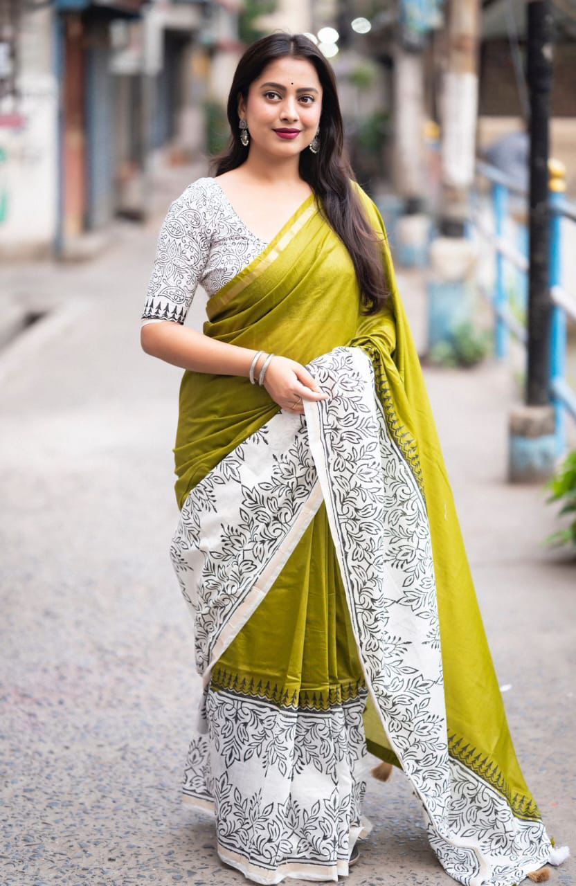 Mehendi Green Pure Chanderi Cotton Hand Block Printed Saree