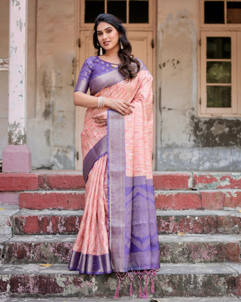 Image of Peach Banarasi Silk Rich Zari Weaved Body Pallu Saree