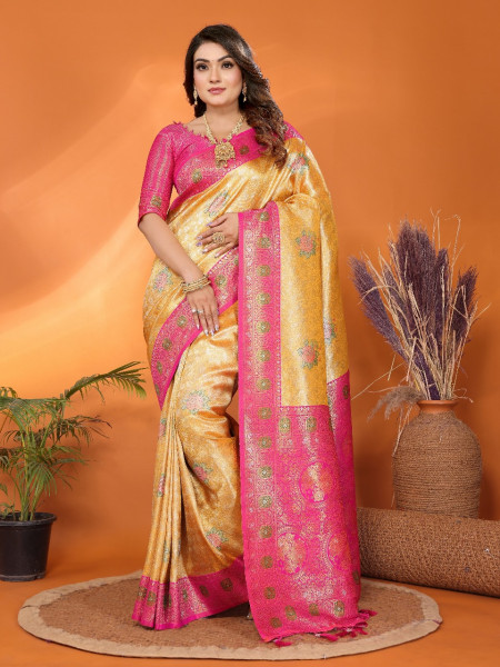 Image of Yellow Premium Pure Banarasi Tissue Silk Rich Zari Weaved Pallu Paithani  Border Saree
