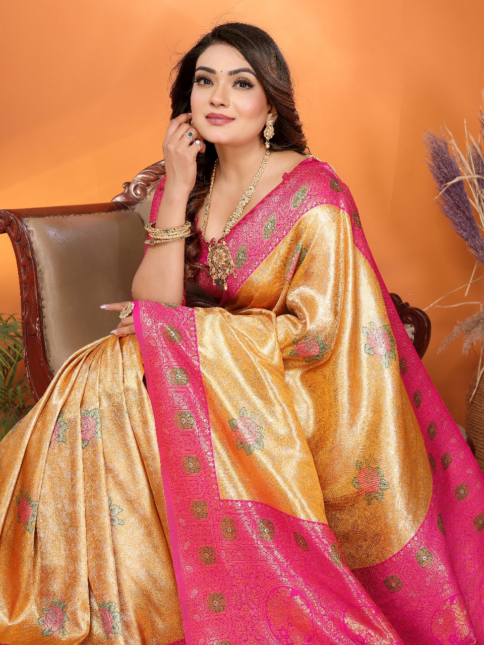 Yellow Premium Pure Banarasi Tissue Silk Rich Zari Weaved Pallu Paithani Border Saree