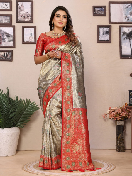 Image of Metallic Gray Premium Pure Banarasi Tissue Silk Rich Zari Weaved Pallu Paithani  Border Saree