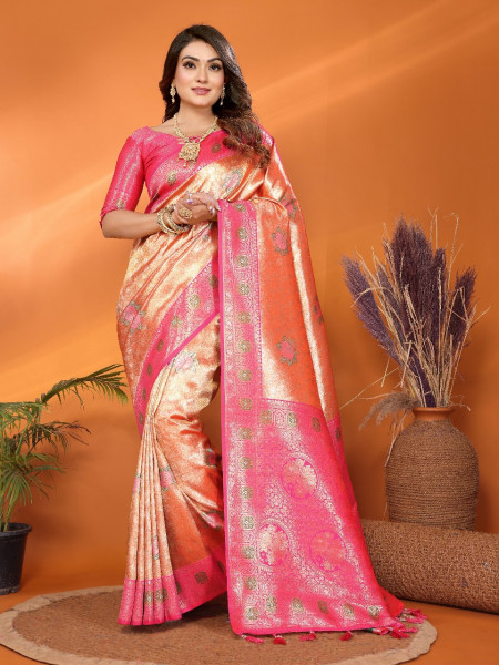 Image of Light Rust Premium Pure Banarasi Tissue Silk Rich Zari Weaved Pallu Paithani  Border Saree