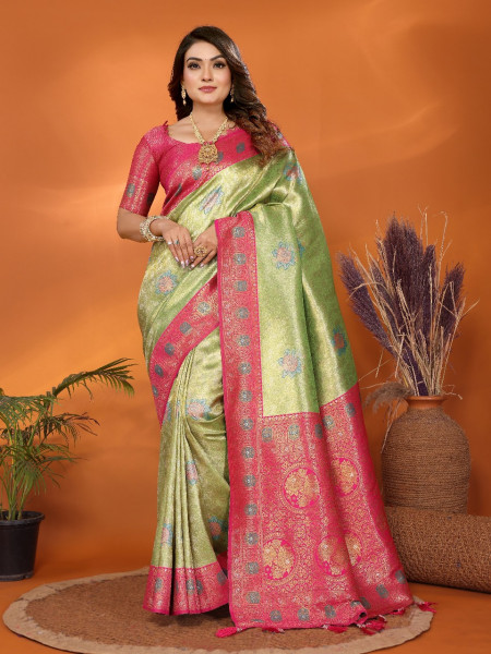 Image of Pistachio Green Premium Pure Banarasi Tissue Silk Rich Zari Weaved Pallu Paithani  Border Saree
