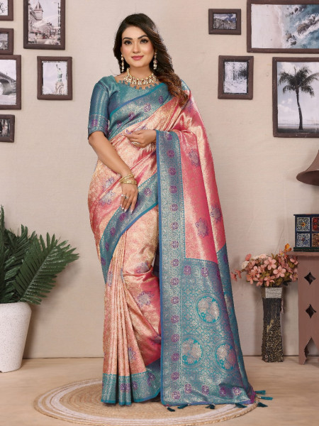 Image of Shaded Pink Premium Pure Banarasi Tissue Silk Rich Zari Weaved Pallu Paithani  Border Saree
