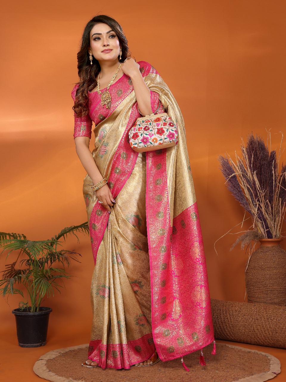 Beige Premium Pure Banarasi Tissue Silk Rich Zari Weaved Pallu Paithani Border Saree