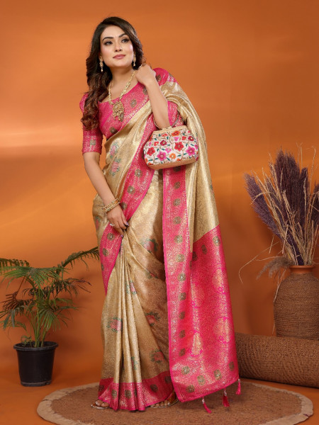 Image of Beige Premium Pure Banarasi Tissue Silk Rich Zari Weaved Pallu Paithani  Border Saree
