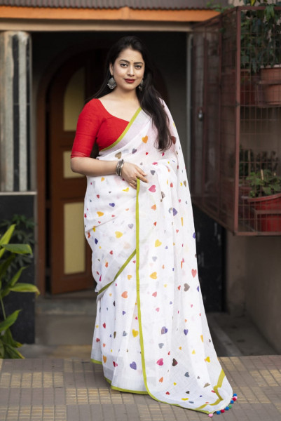 Image of White Pure Soft Linen All Over Heart Digital Printed Saree