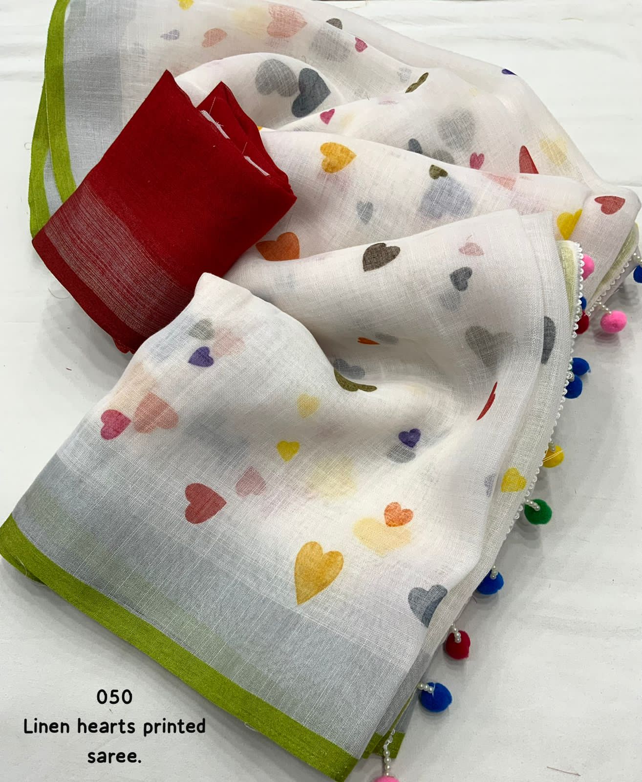 White Pure Soft Linen All Over Heart Digital Printed Saree