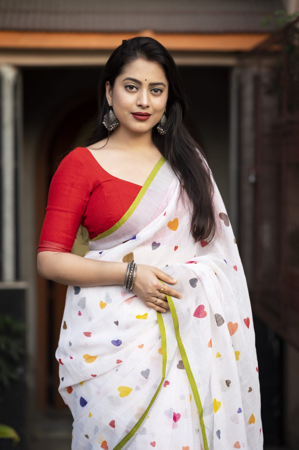 White Pure Soft Linen All Over Heart Digital Printed Saree