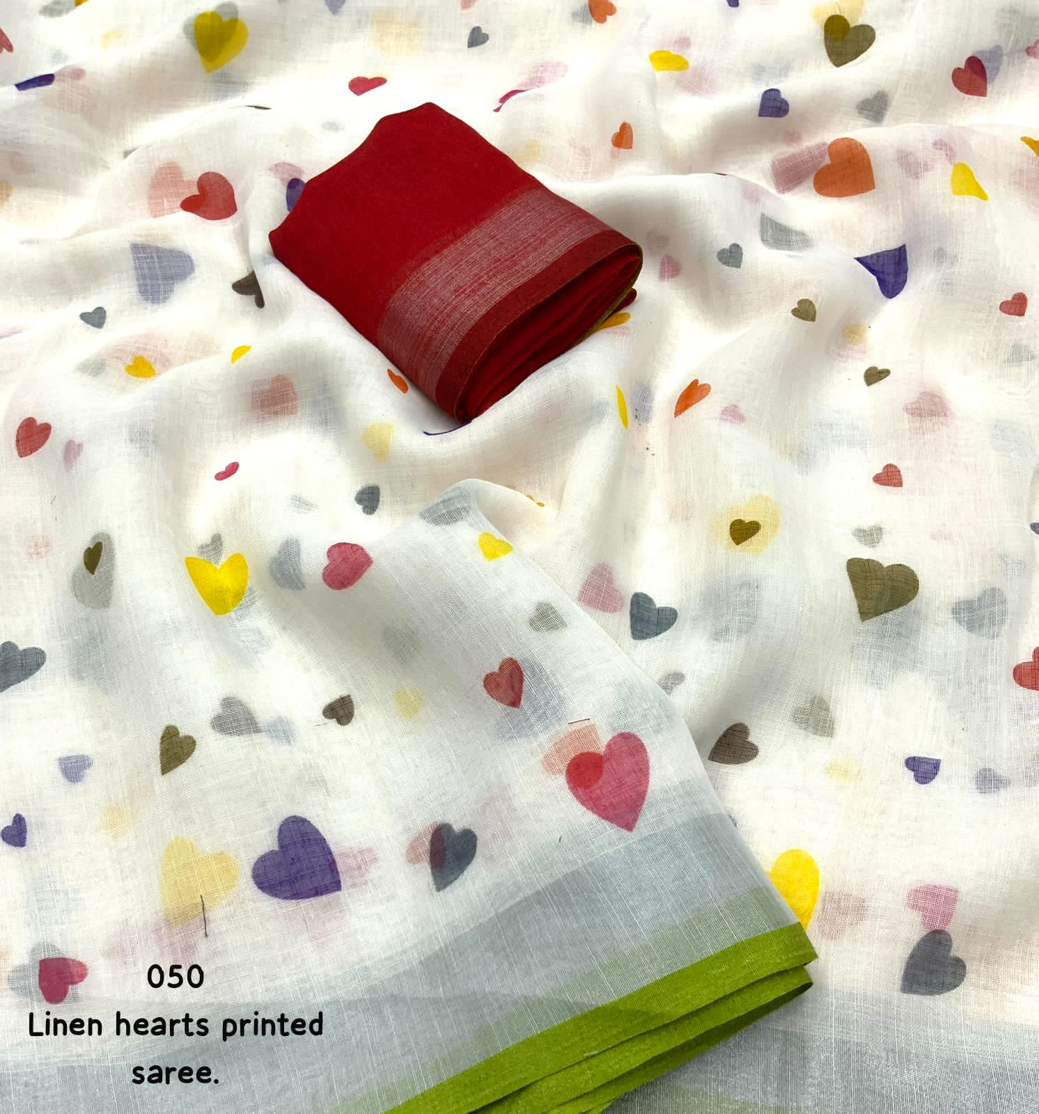 White Pure Soft Linen All Over Heart Digital Printed Saree