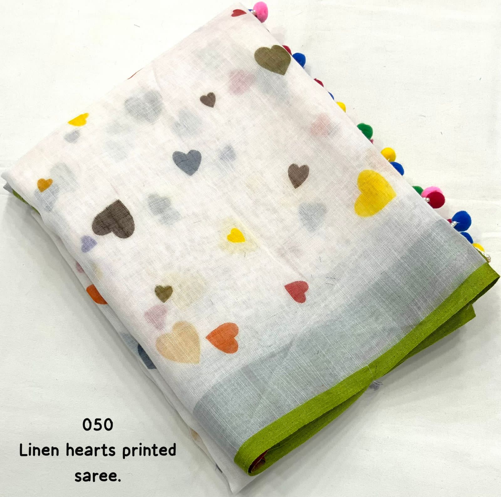 White Pure Soft Linen All Over Heart Digital Printed Saree