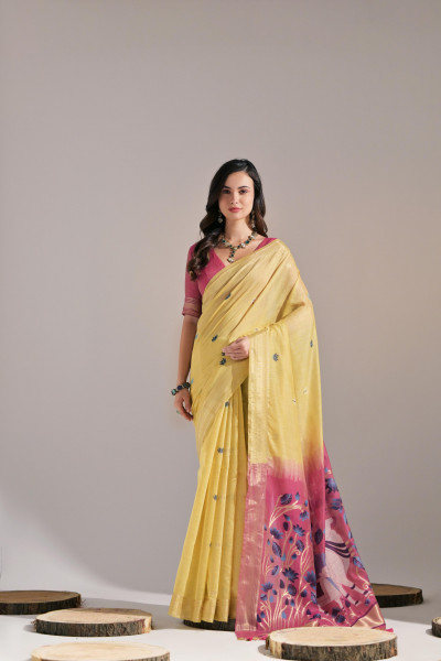 Image of Yellow Pure Muga Cotton Resham Zari Weaved Saree