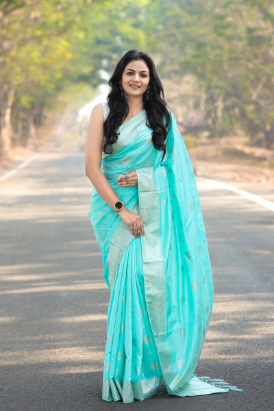 Image of Sky Blue Banarasi Cotton Silk Zari Weaved Body Pallu Border Saree