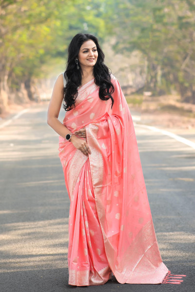 Image of Peach Banarasi Cotton Silk Zari Weaved Body Pallu Border Saree
