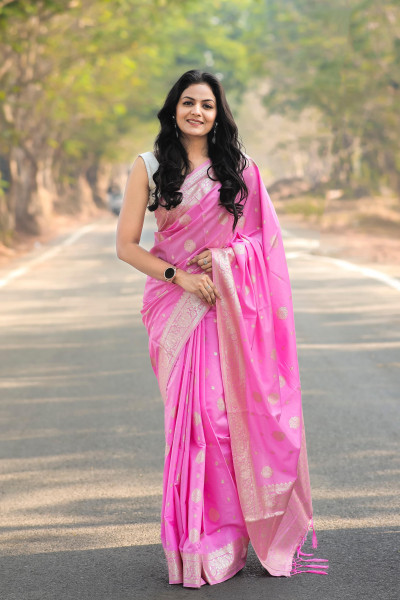 Image of Pink Banarasi Cotton Silk Zari Weaved Body Pallu Border Saree