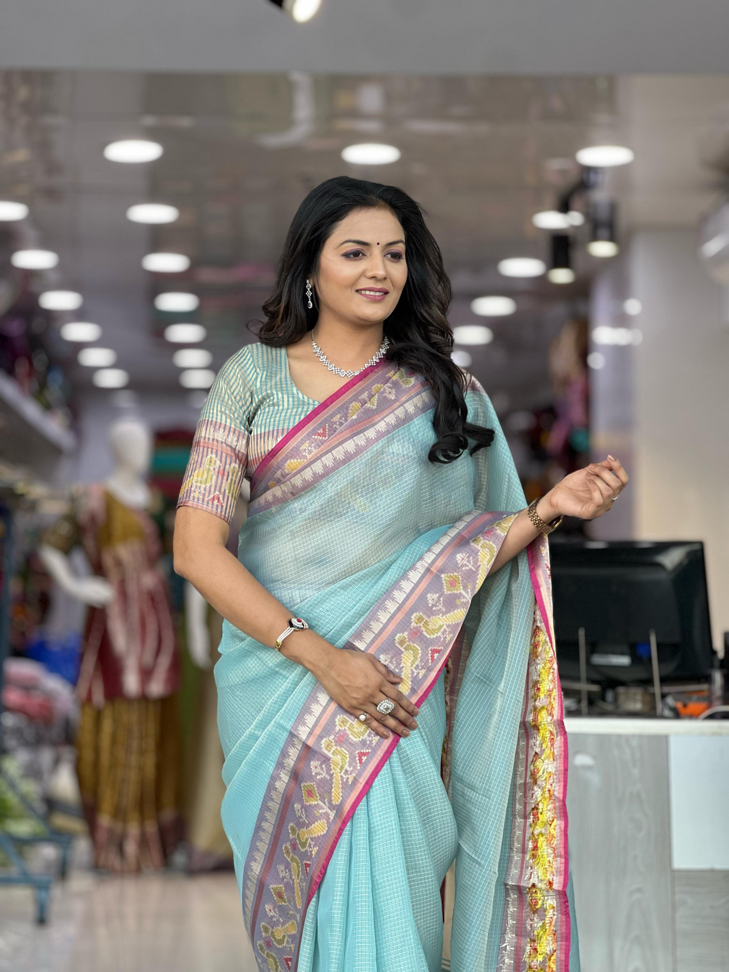 Sky Blue Pure Cotton Kota Doriya Patola Weaved Border Saree