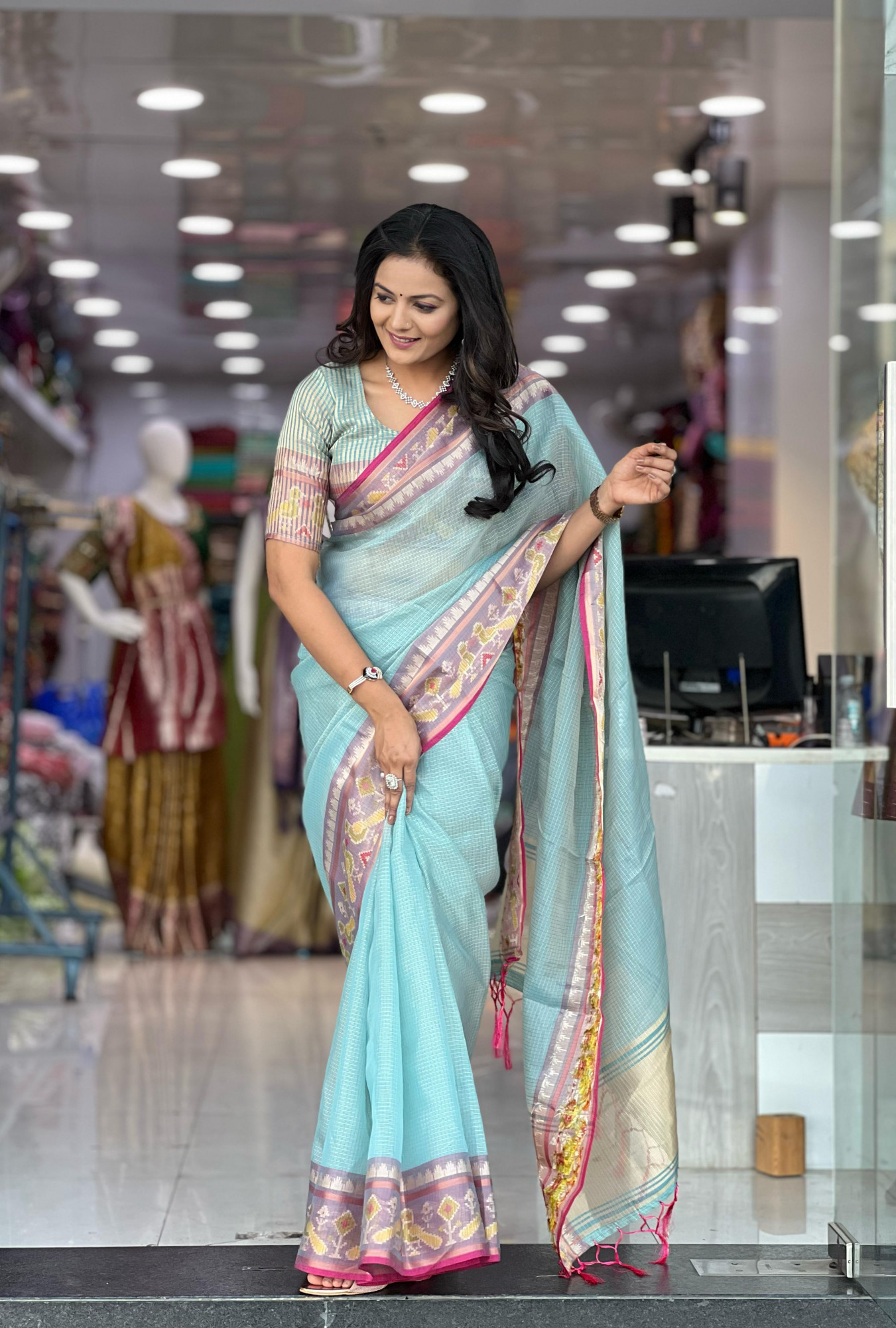 Sky Blue Pure Cotton Kota Doriya Patola Weaved Border Saree